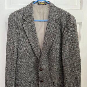 Vintage 80s Johnny Carson Tweed Gray Herringbone Wool Sport Coat Blazer 42Reg